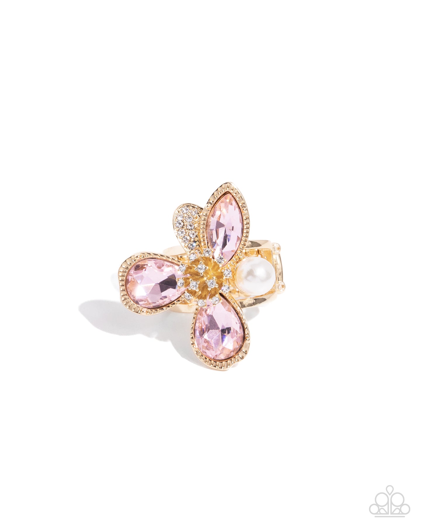 FLORAL Excellence - Pink Gem, White Rhinestone Gold Flower Ring Paparazzi R0722