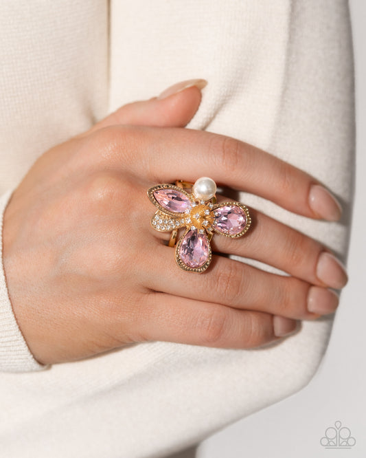 FLORAL Excellence - Pink Gem, White Rhinestone Gold Flower Ring Paparazzi R0722