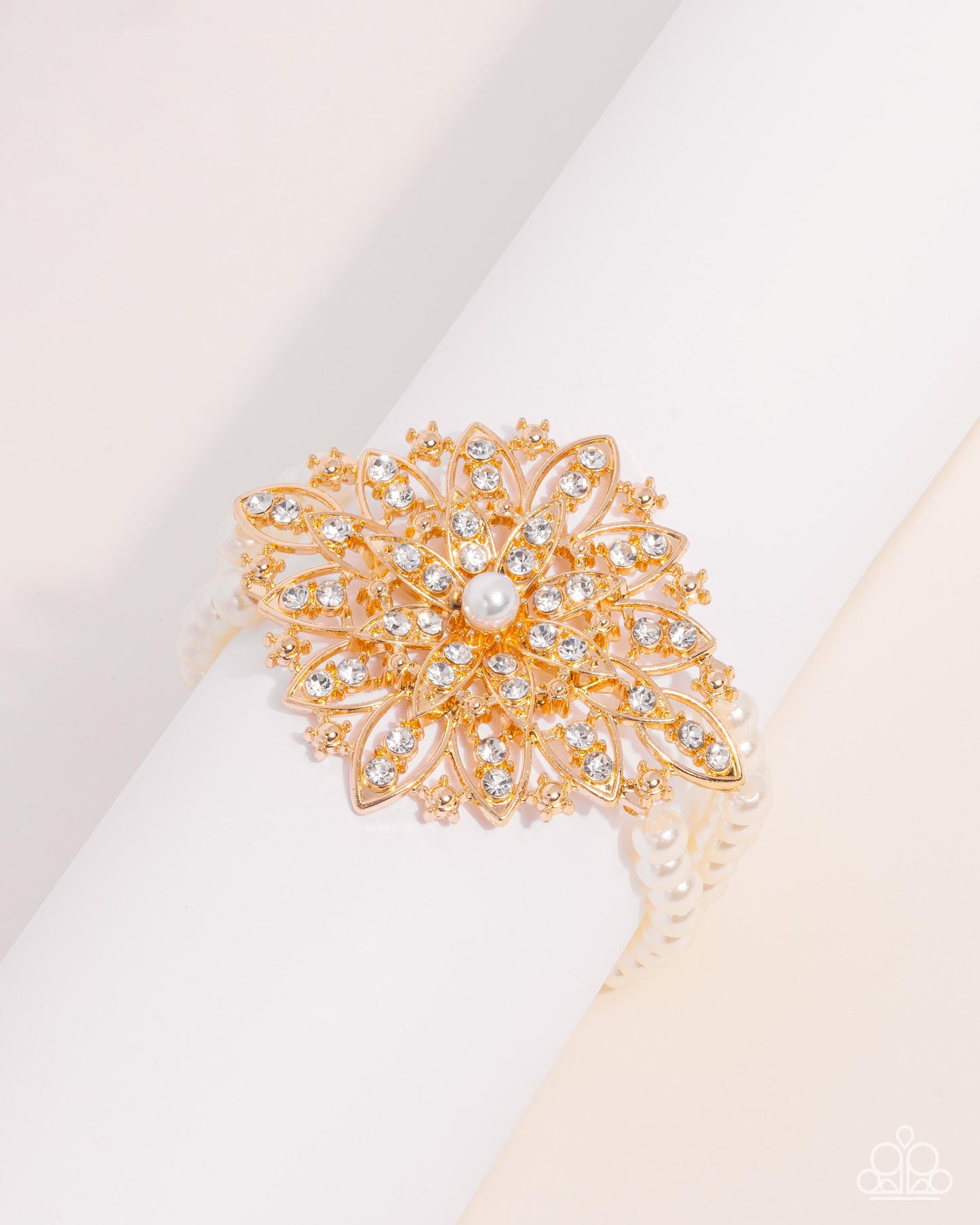 Flattering Floral - Gold Flower White Pearl Stretch Bracelet Paparazzi B1947