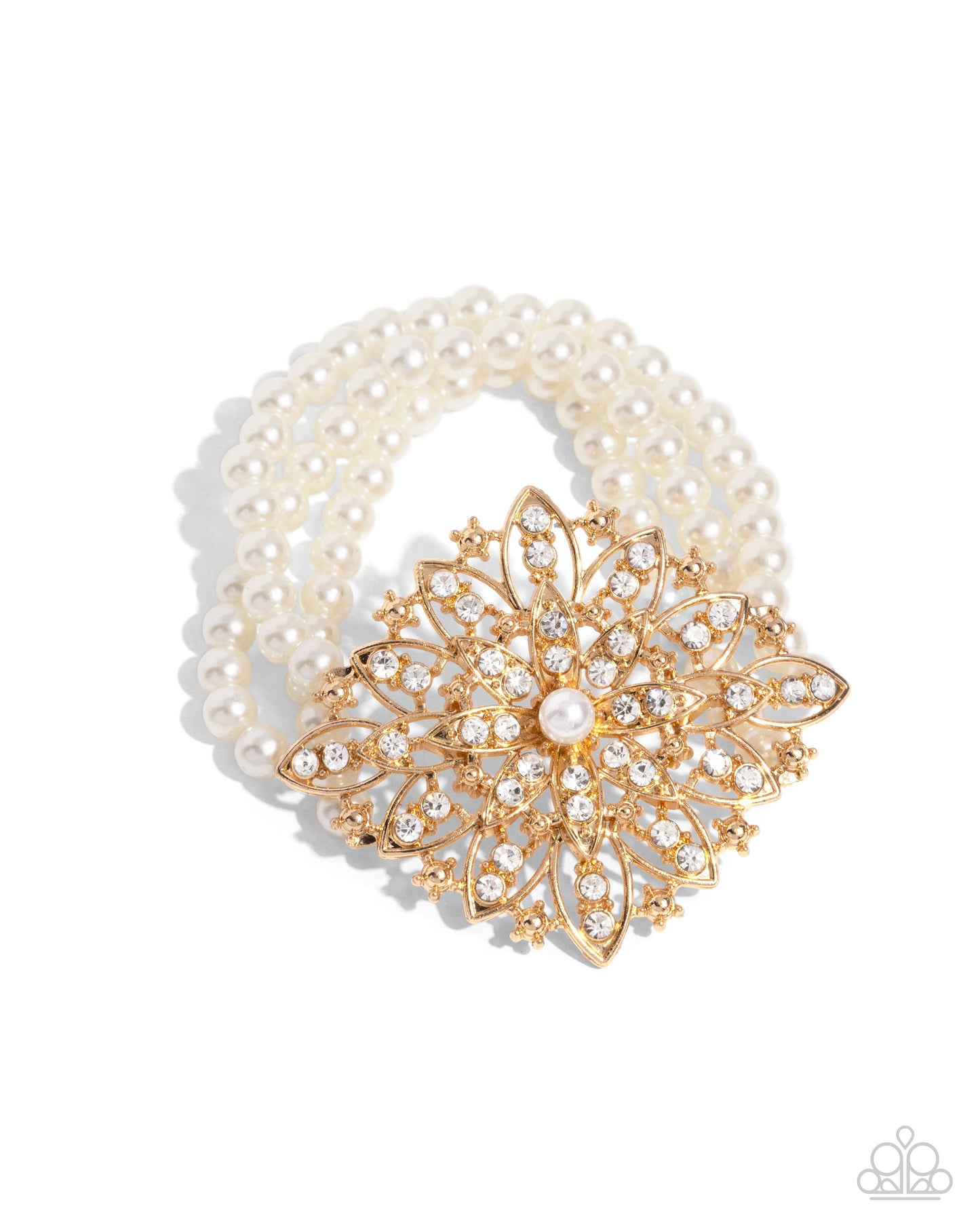 Flattering Floral - Gold Flower White Pearl Stretch Bracelet Paparazzi B1947