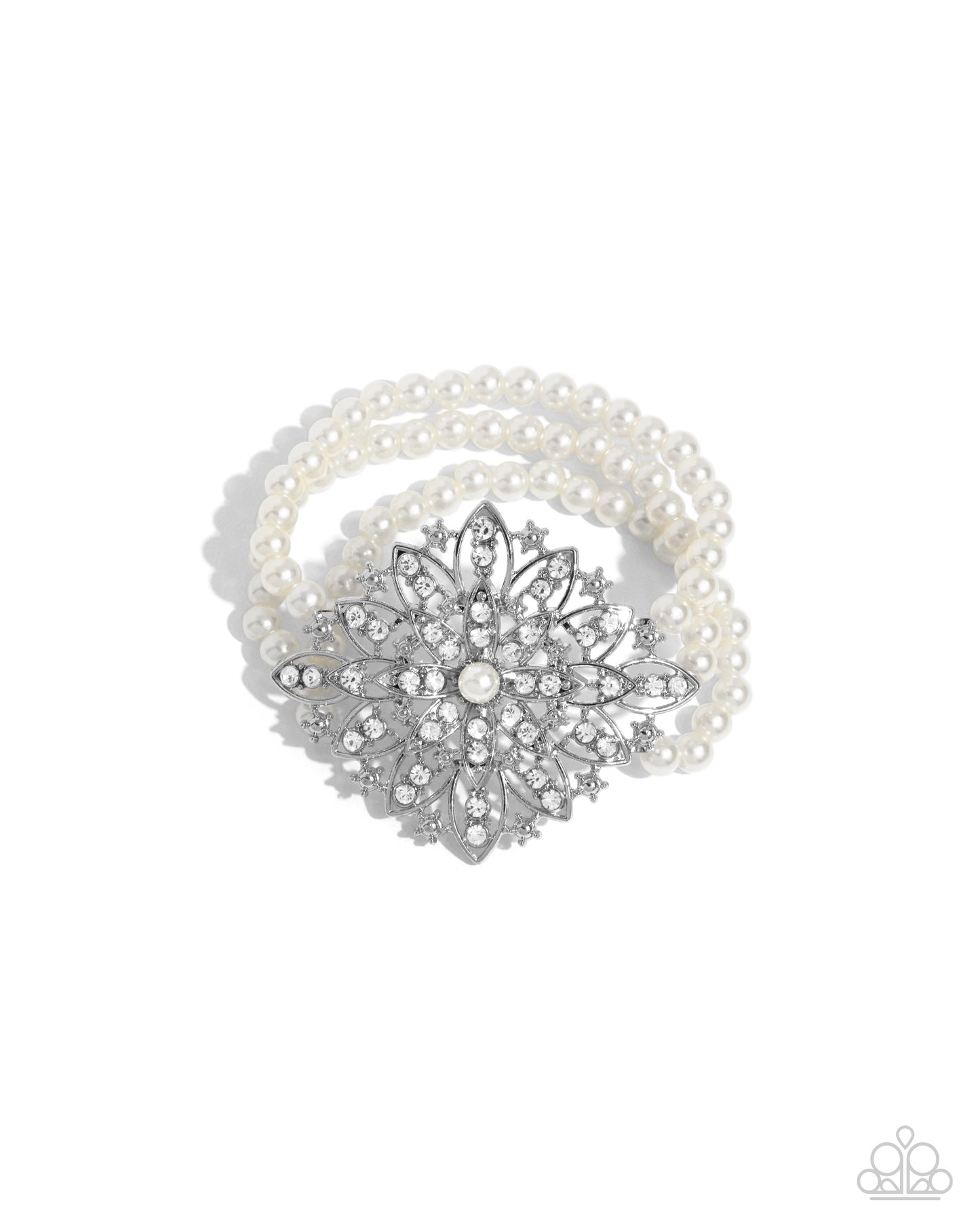 Flattering Florals - White Pearl, Rhinestone & Silver Flower Stretch Bracelet Paparazzi B1710