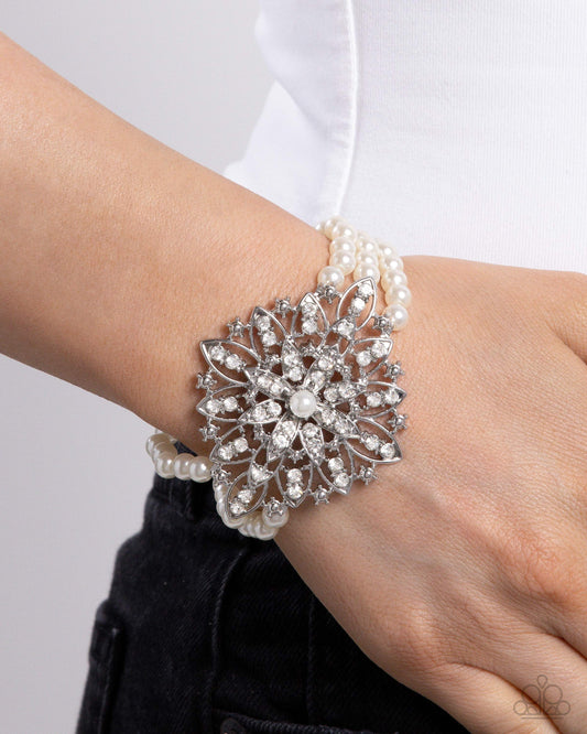 Flattering Florals - White Pearl, Rhinestone & Silver Flower Stretch Bracelet Paparazzi B1710