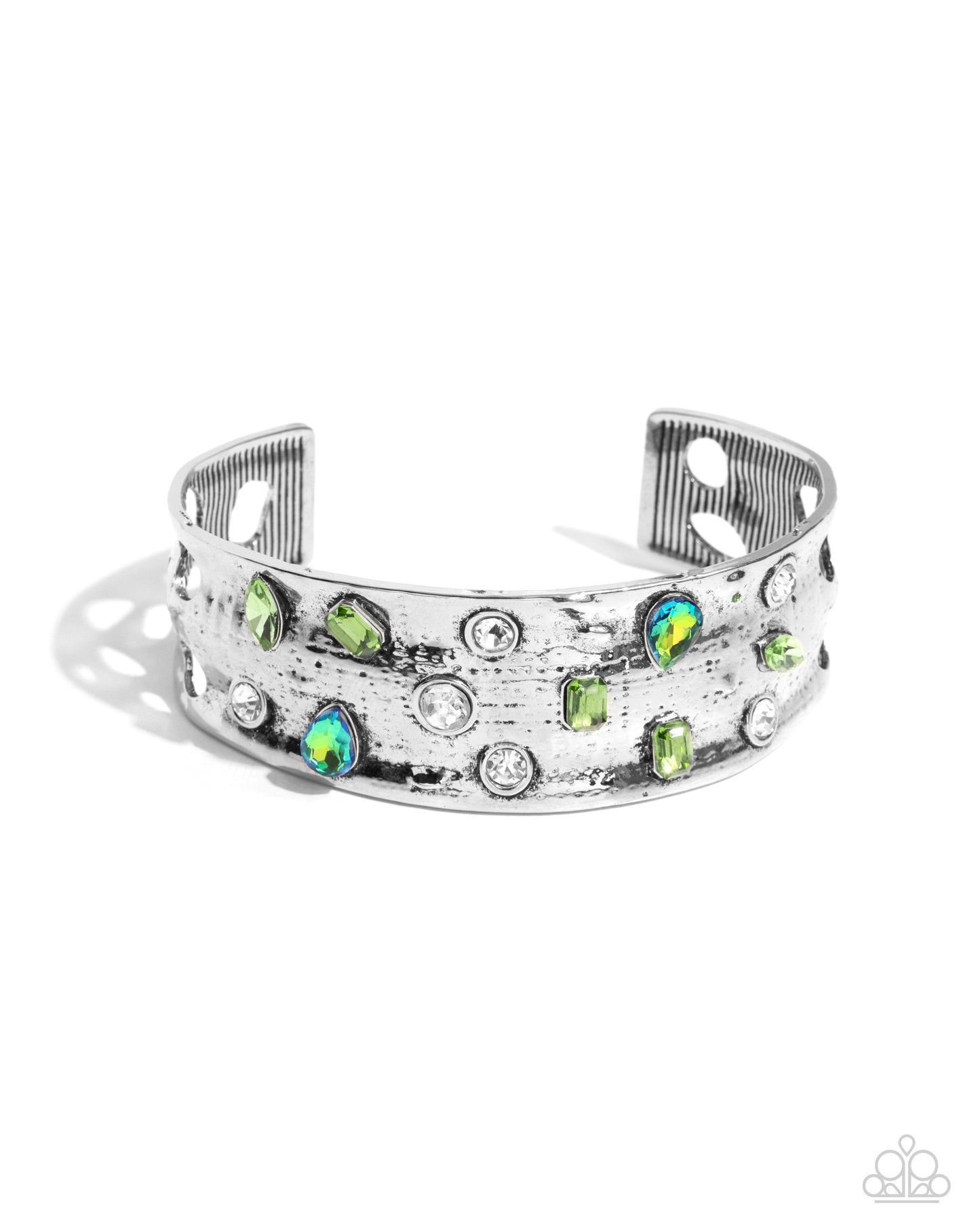 Embellished Empire - Green, white UV Shimmery Green Gem & Silver Hammered Cuff Bracelet