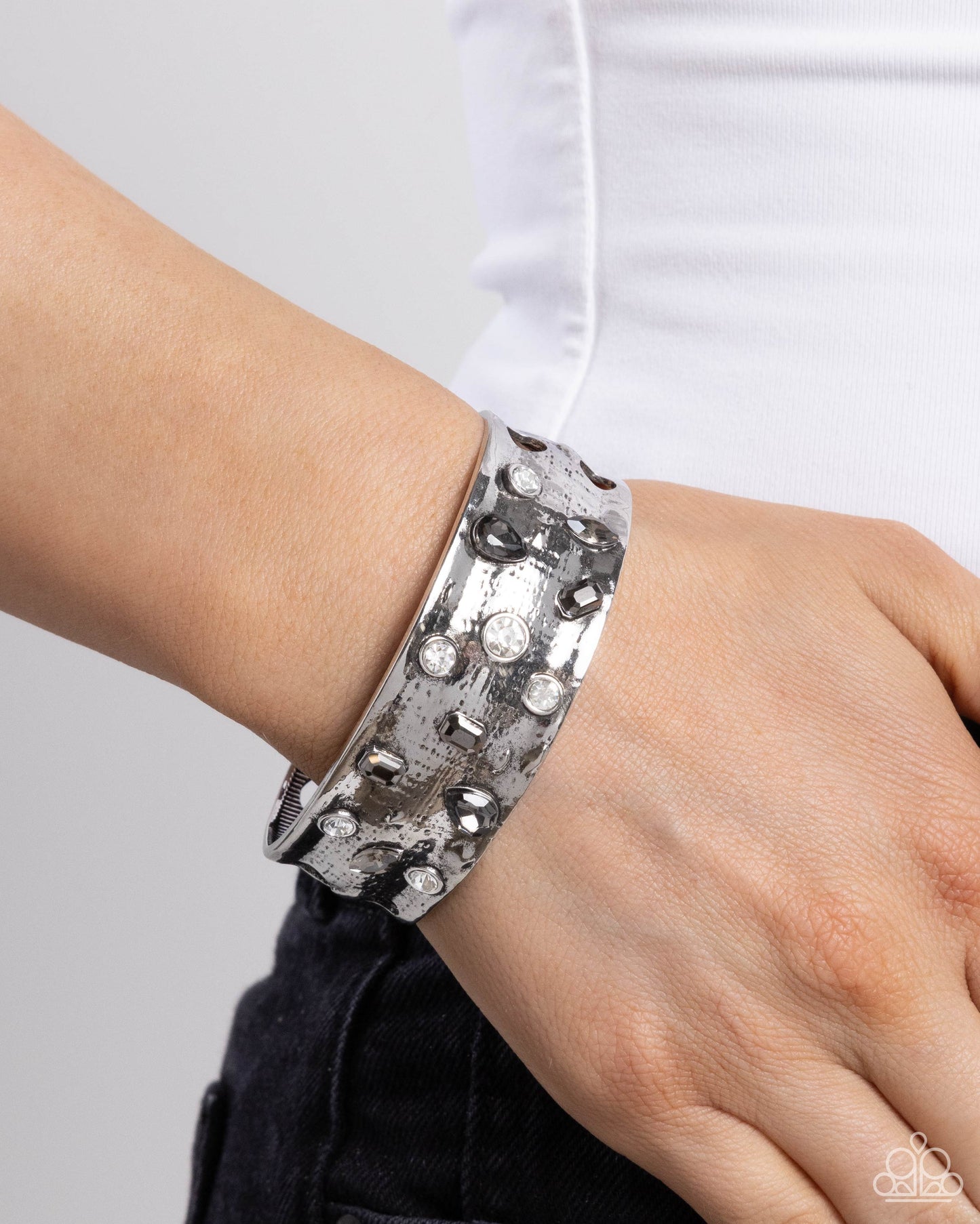 Embellished Empire - Silver Antiqued Hammered & White, Smoky, Hematite Gem Cuff Bracelet Paparazzi