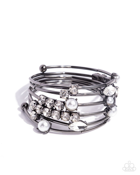 Showtime Sparkle - Black Gunmetal, White Gem & Pearl Coil Bracelet Paparazzi B2006