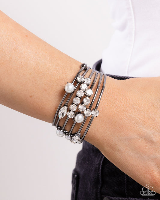 Showtime Sparkle - Black Gunmetal, White Gem & Pearl Coil Bracelet Paparazzi B2006