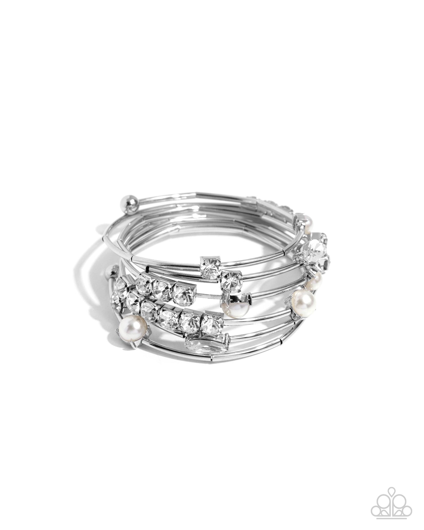 Showtime Sparkle - White Gem, Pearl, Silver Coil Bracelet Paparazzi B0562