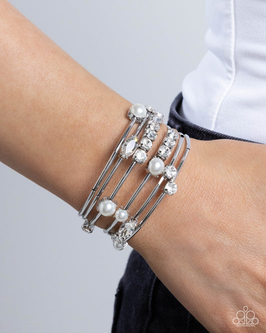 Showtime Sparkle - White Gem, Pearl, Silver Coil Bracelet Paparazzi B0562