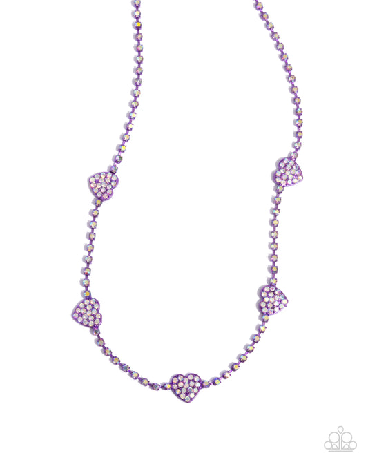 Homecoming Hearts - Purple Metallic Heart White Iridescent Rhinestone Short Necklace Paparazzi N2539