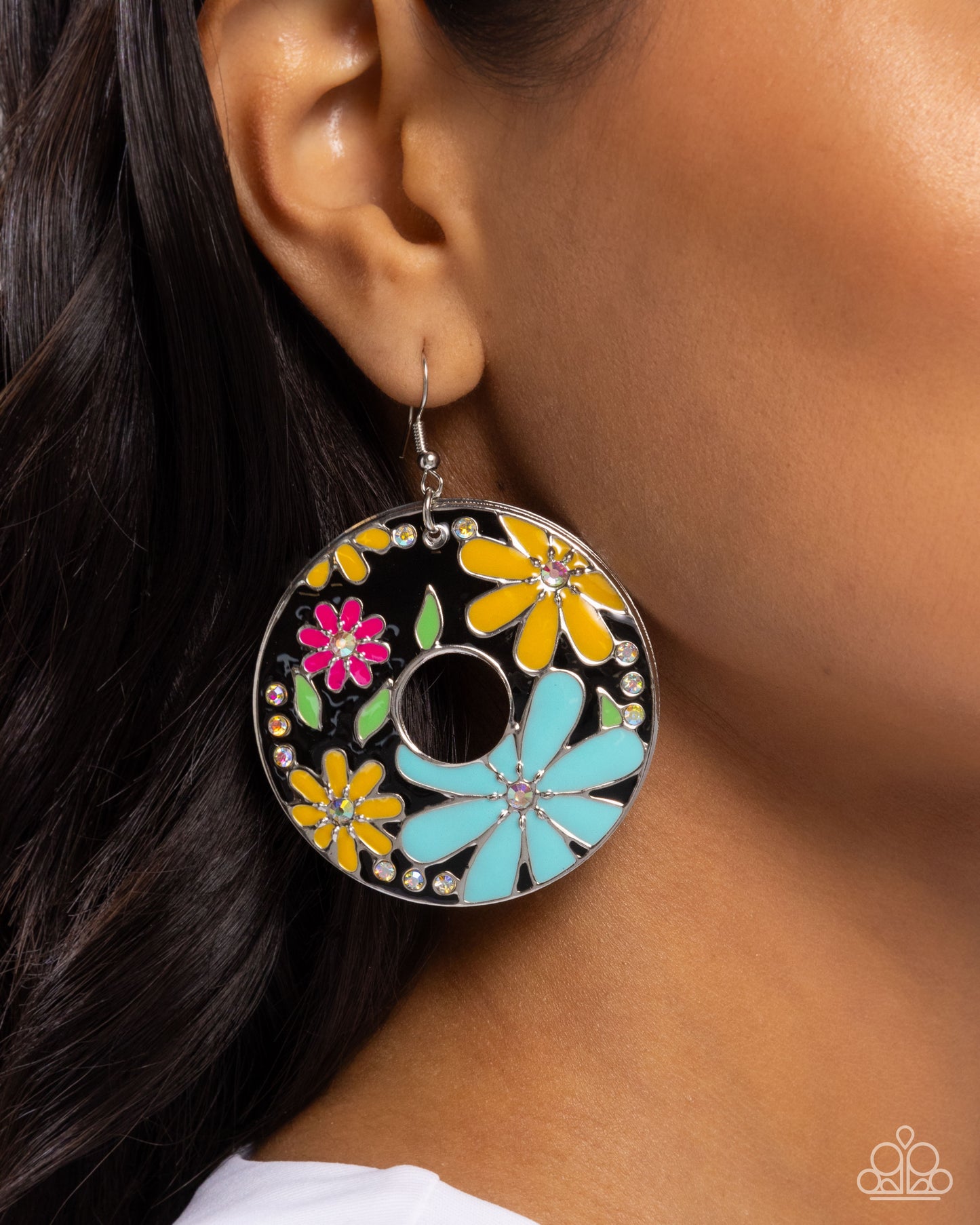 Embroidered Elegance - Black, Blue, Yellow Flower Earring Paparazzi