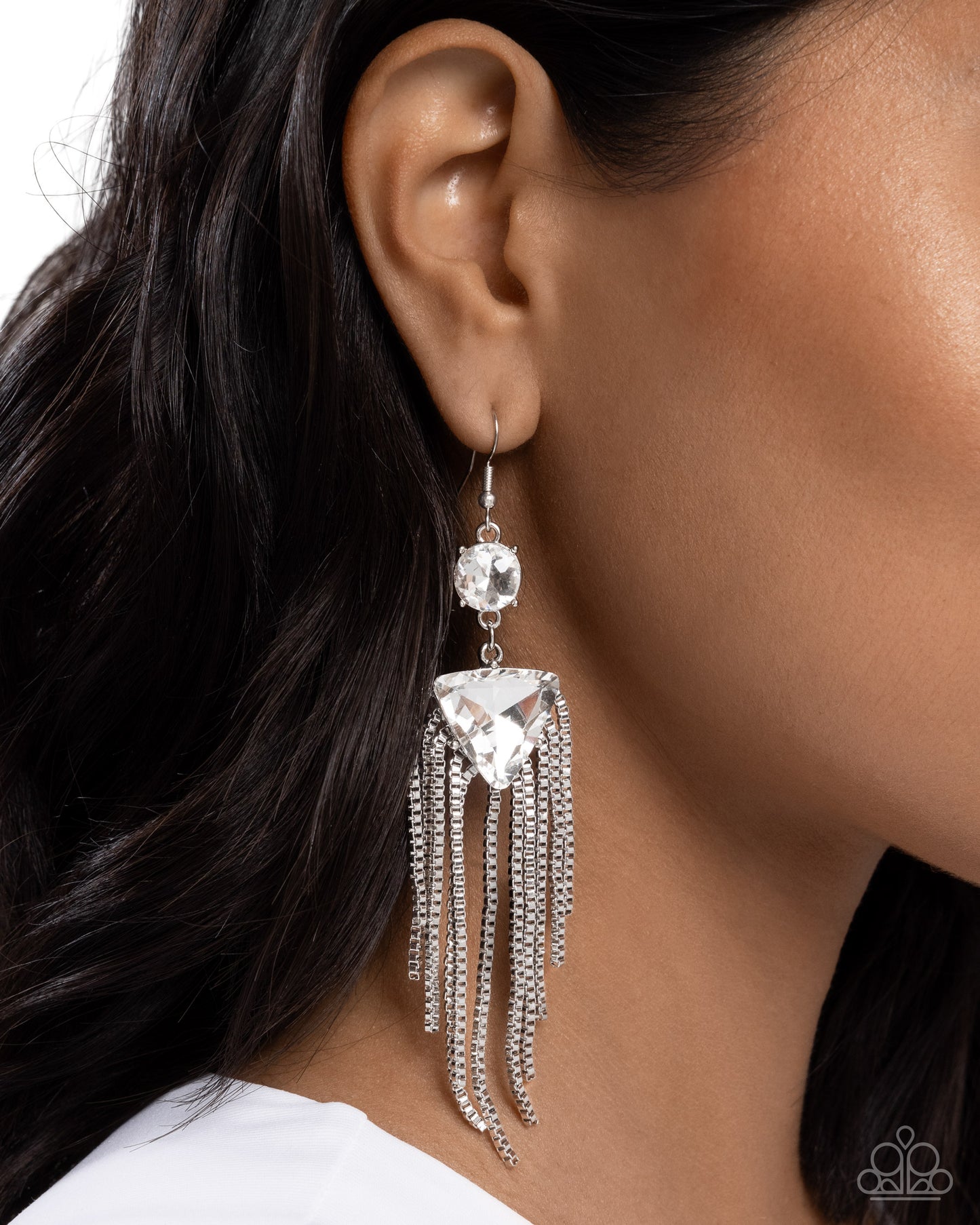 Maven Musings - White Triangular & Round Gem Fringe Earring Paparazzi