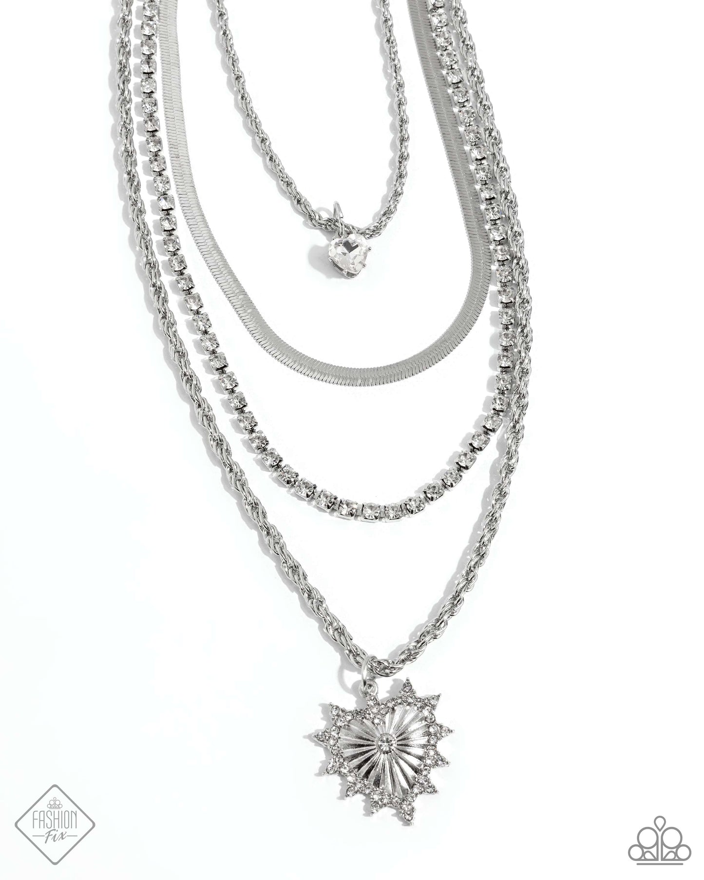 Excessive Embellishment - White Heart Gem & Multi Silver Chain Layered Necklace Fashion Fix Fiercely 5th Avenue September 2024 Paparazzi