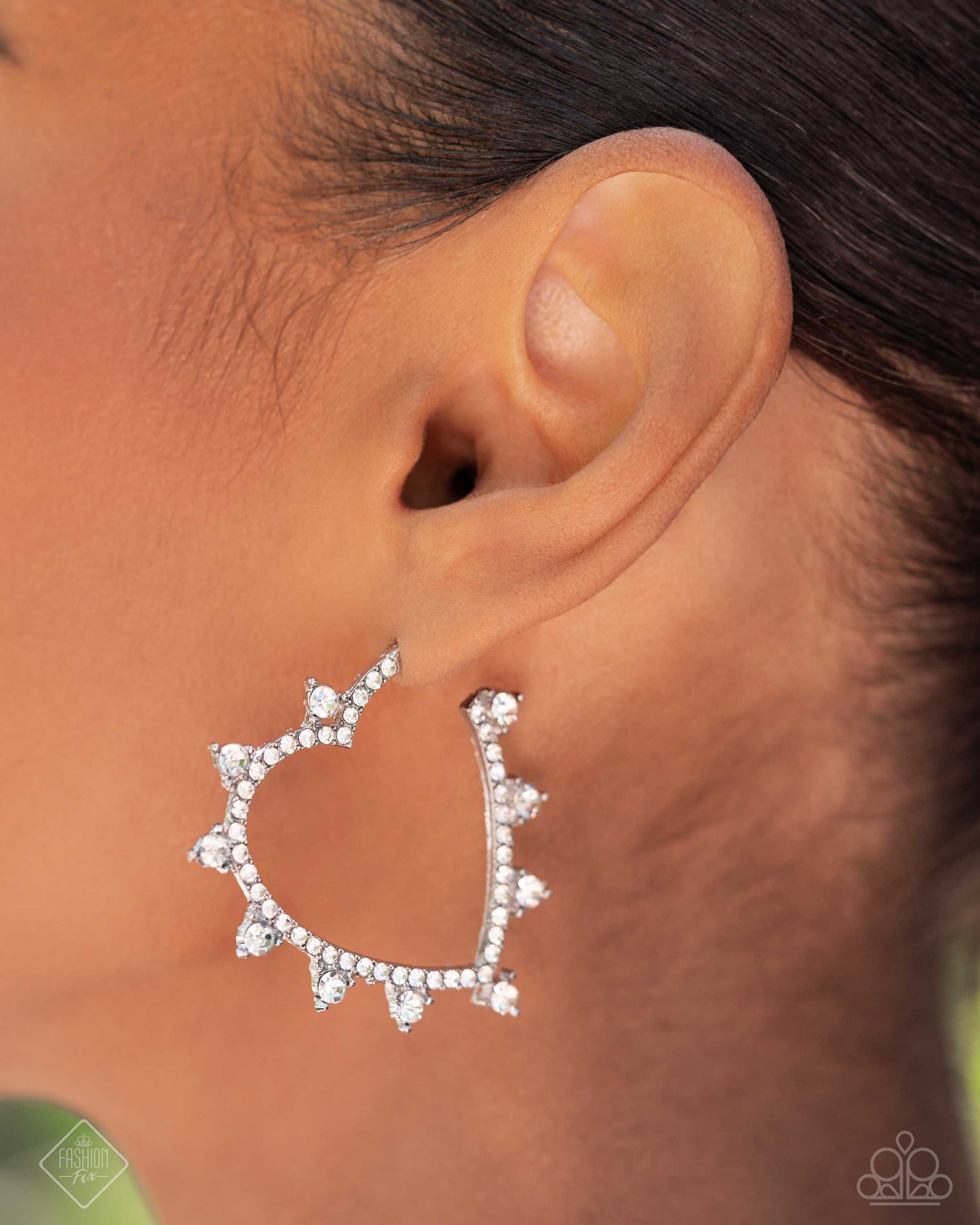 Excessive Elevation - White Rhinestone Heart 1 1/2 Inch Hoop Earring Fiercely 5th Avenue Fashion Fix September 2024 Paparazzi