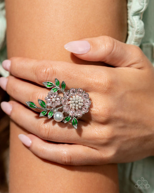 Budding Bling - Pink Gem Flower Ring Life Of The Party August 2024 Paparazzi R0793