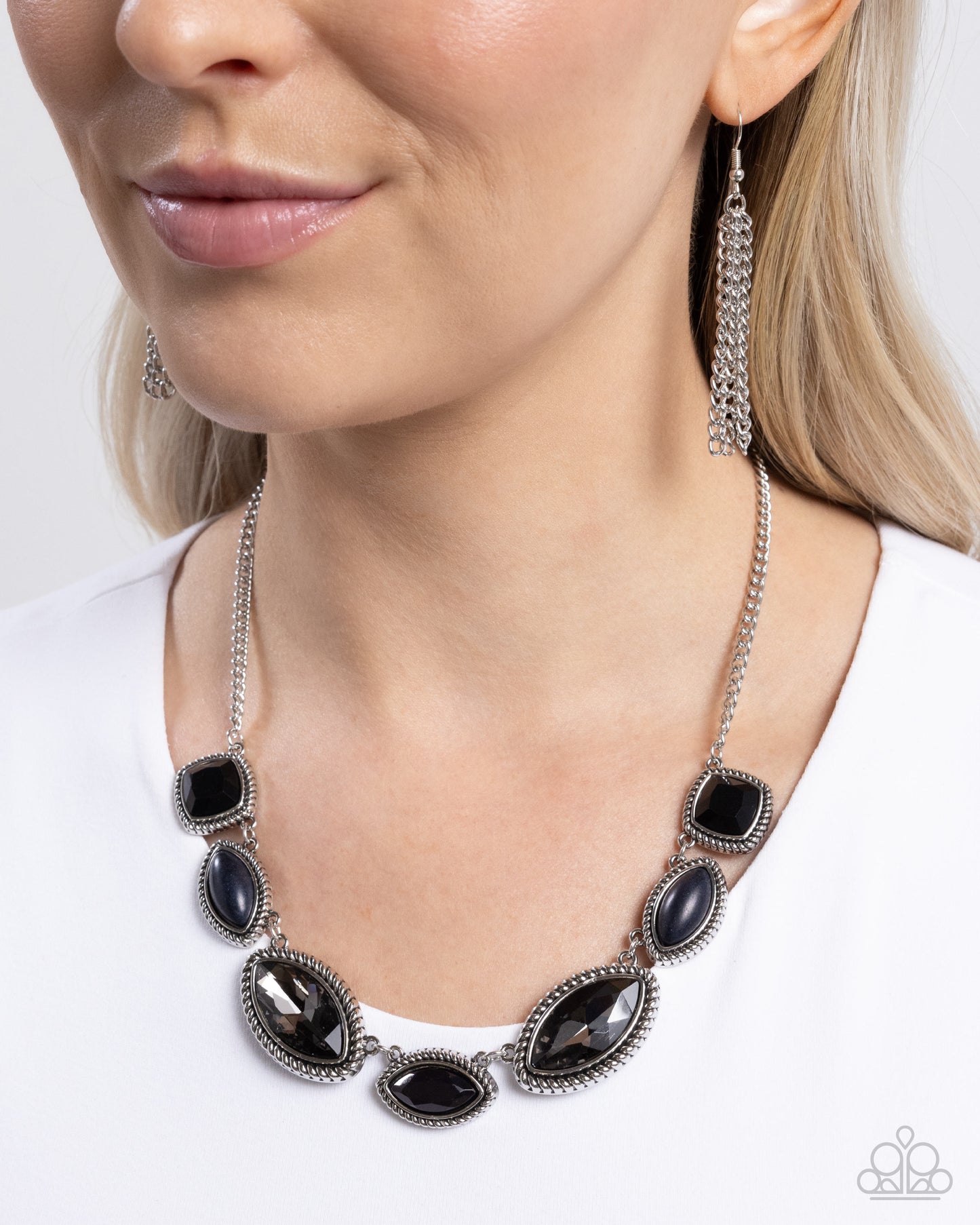 Regally Roped - Black Stone, Gem, Silver Rope Textured Necklace Paparazzi