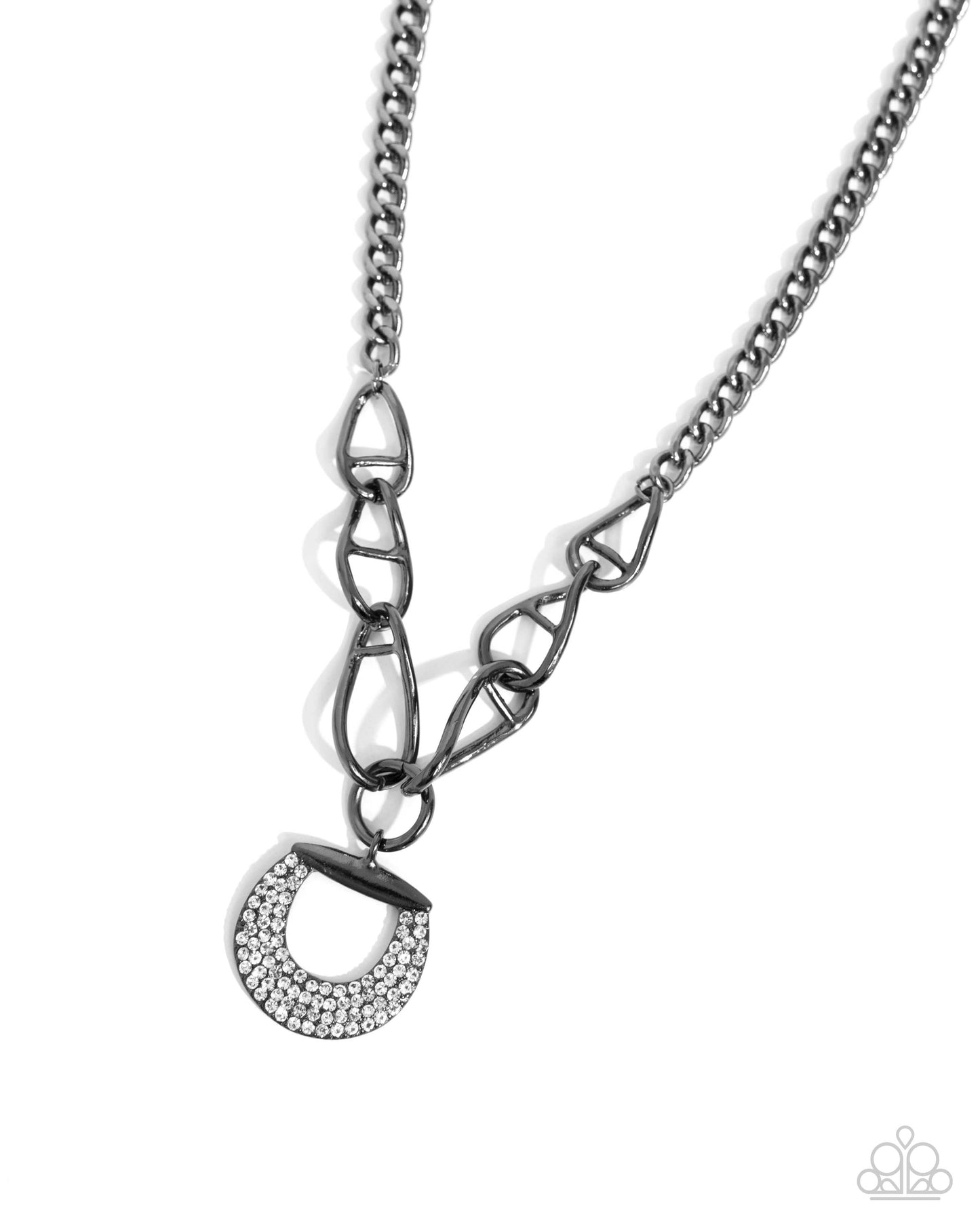 Linked Leader - Black Gunmetal Chain & White Rhinestone Horseshoe Like Necklace Paparazzi