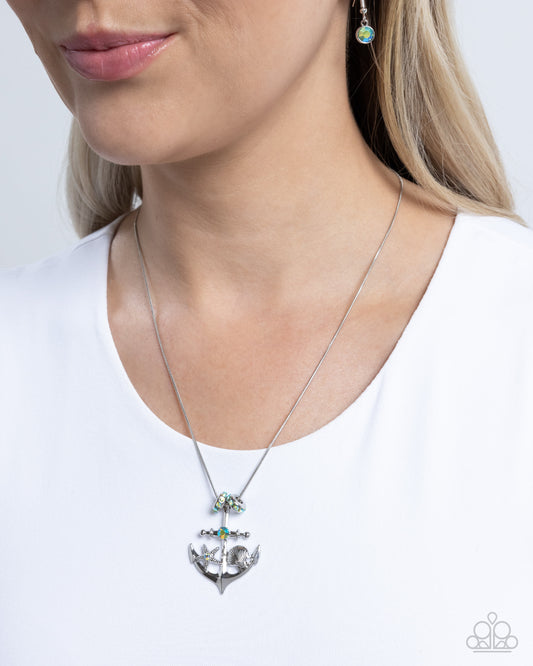 Anchored Accent - Green Iridescent Silver Anchor Necklace Paparazzi N3143