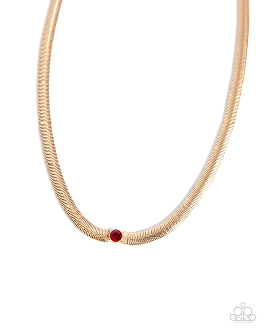 Stunning Solitaire - Red Rhinestone Gold Herringbone Chain Short Necklace Paparazzi N3411