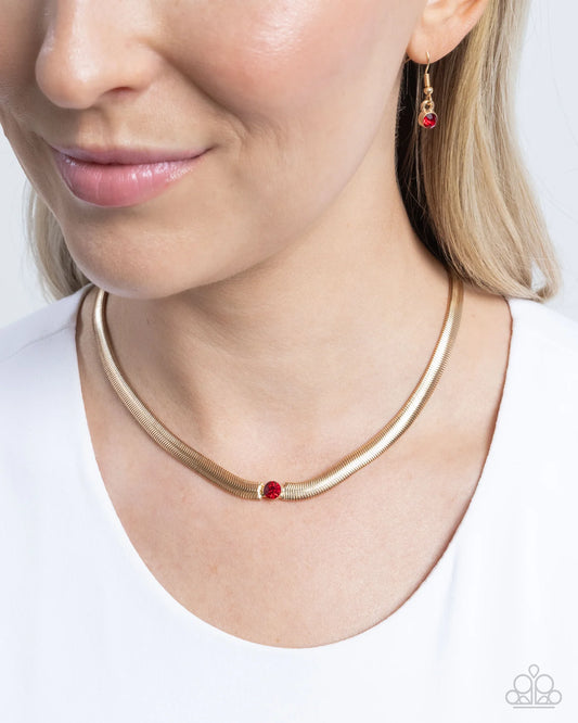 Stunning Solitaire - Red Rhinestone Gold Herringbone Chain Short Necklace Paparazzi N3411