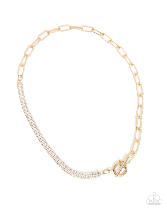 Mismatched Monarchy - Gold Paperclip Chain & White Gem Necklace Paparazzi N0480