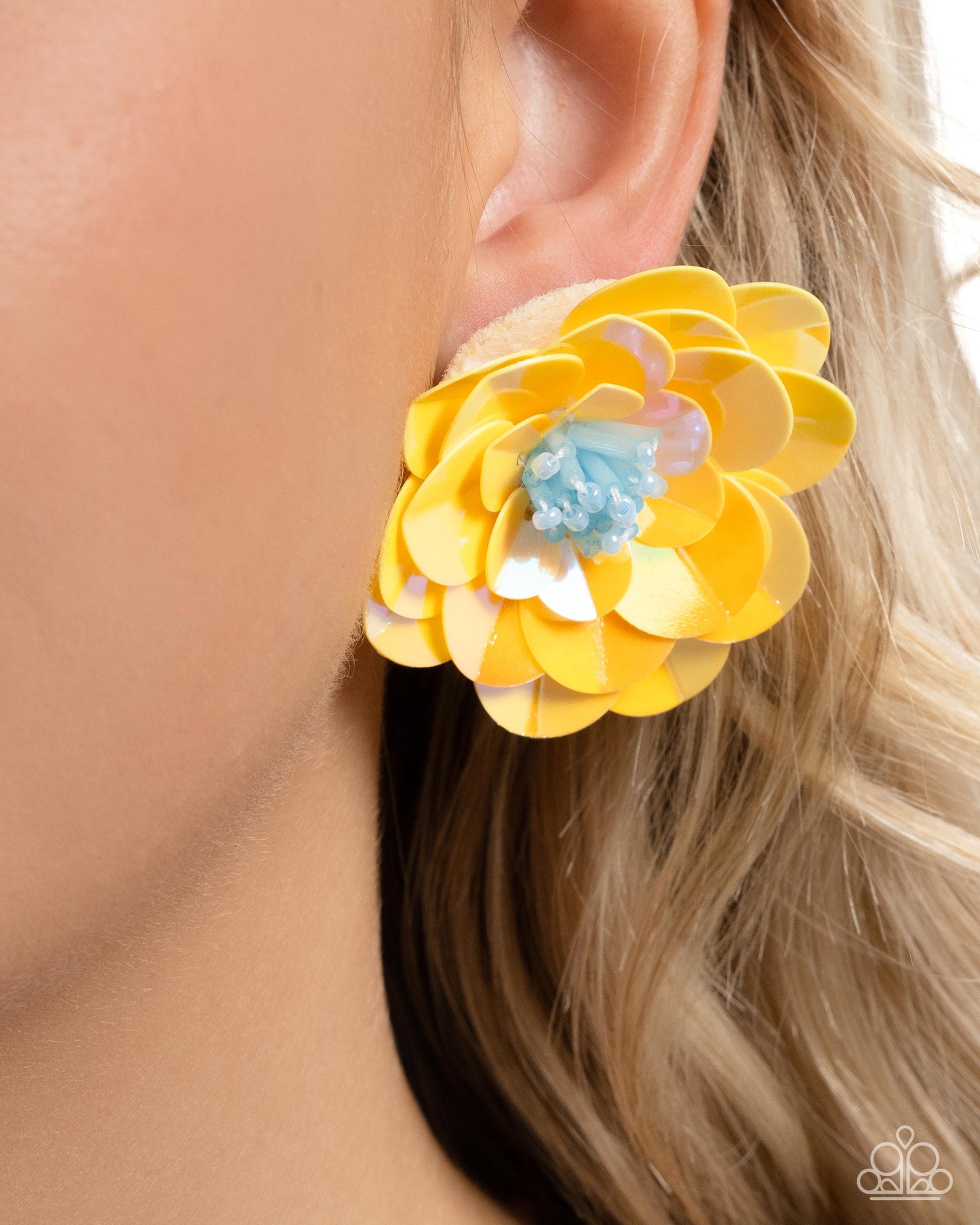 Floating Florals - Yellow Iridescent Acrylic Disc Flower Earring Paparazzi E2274