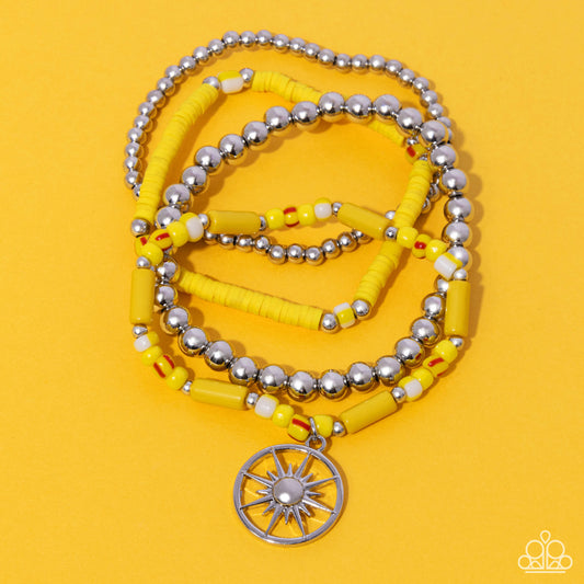 Nuanced Navigator - Yellow High Visibility & White Bead Stretch Bead Bracelet Set of 4 Paparazzi