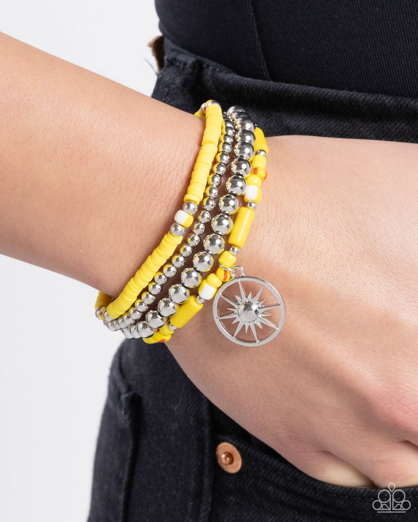 Nuanced Navigator - Yellow High Visibility & White Bead Stretch Bead Bracelet Set of 4 Paparazzi