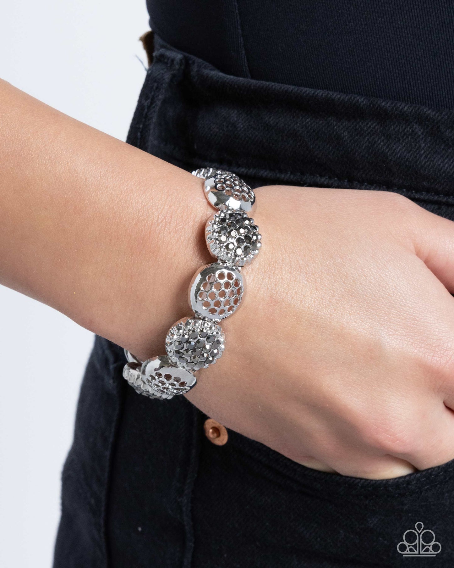 Airily Adorned - Silver Hammered & Hematite Rhinestone Stretch Bracelet Paparazzi B1704