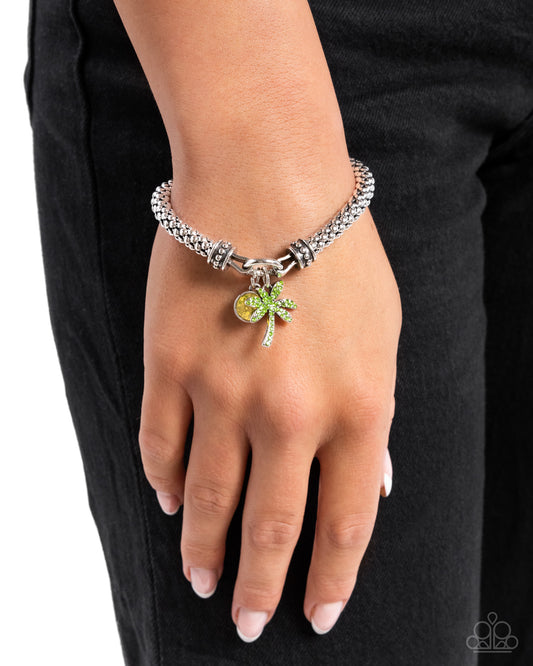 Palm Beach Bling - Green Rhinestone Palm Tree Silver Stretch Bracelet Paparazzi B1823