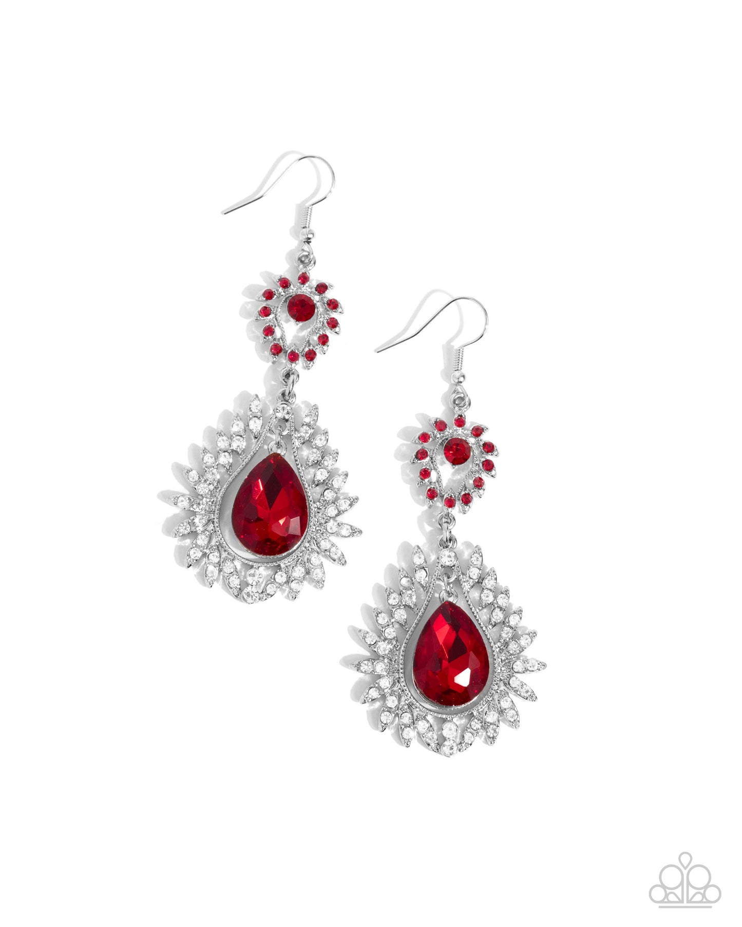 Teardrop Traveler - Red Glassy & White Rhinestone Frilly Teardrop Earring Paparazzi E2135