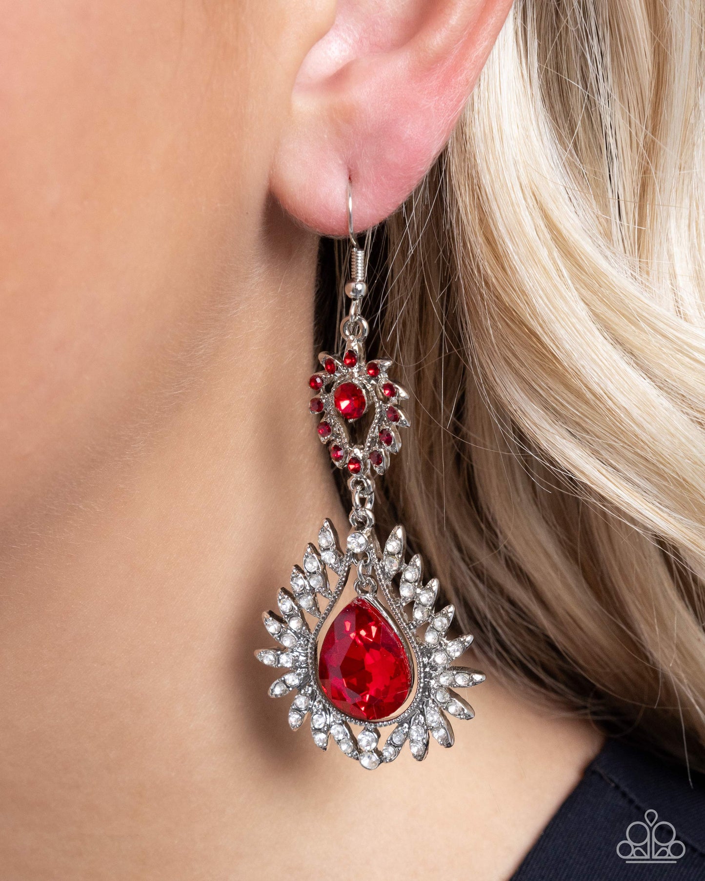 Teardrop Traveler - Red Glassy & White Rhinestone Frilly Teardrop Earring Paparazzi E2135