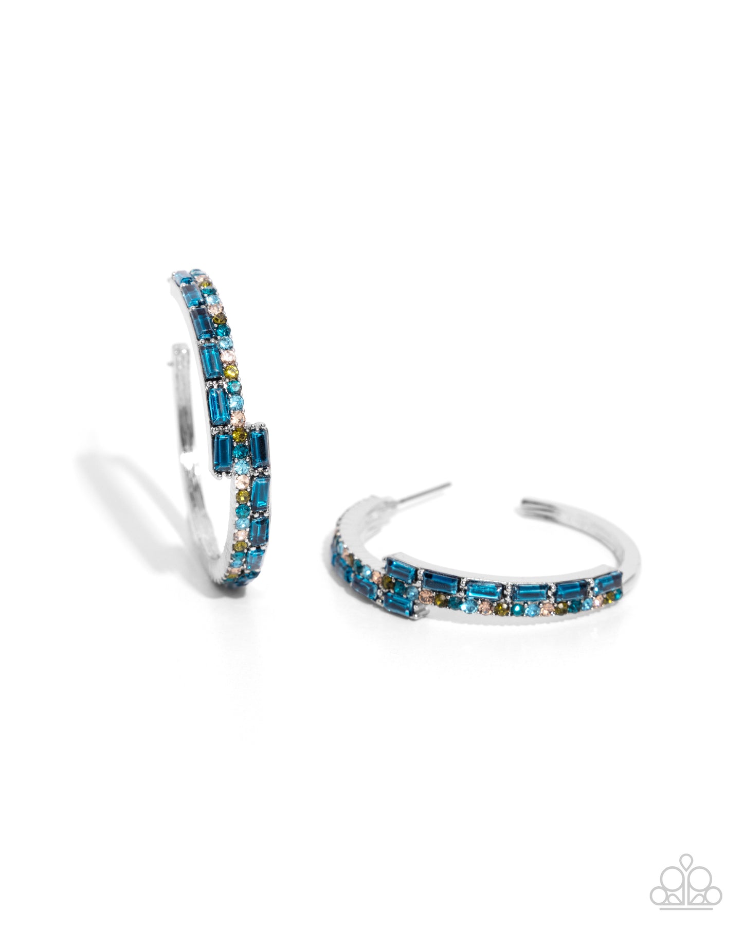 Ritzy Reputation - Blue Zircon, Aquamarine, Light Peach, Olive Rhinestone 1 1/2 Inch Hoop Earring Paparazzi E2064