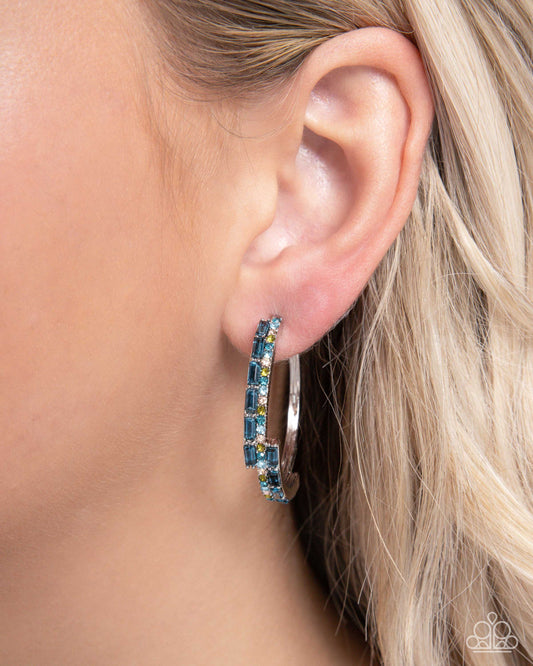 Ritzy Reputation - Blue Zircon, Aquamarine, Light Peach, Olive Rhinestone 1 1/2 Inch Hoop Earring Paparazzi E2064