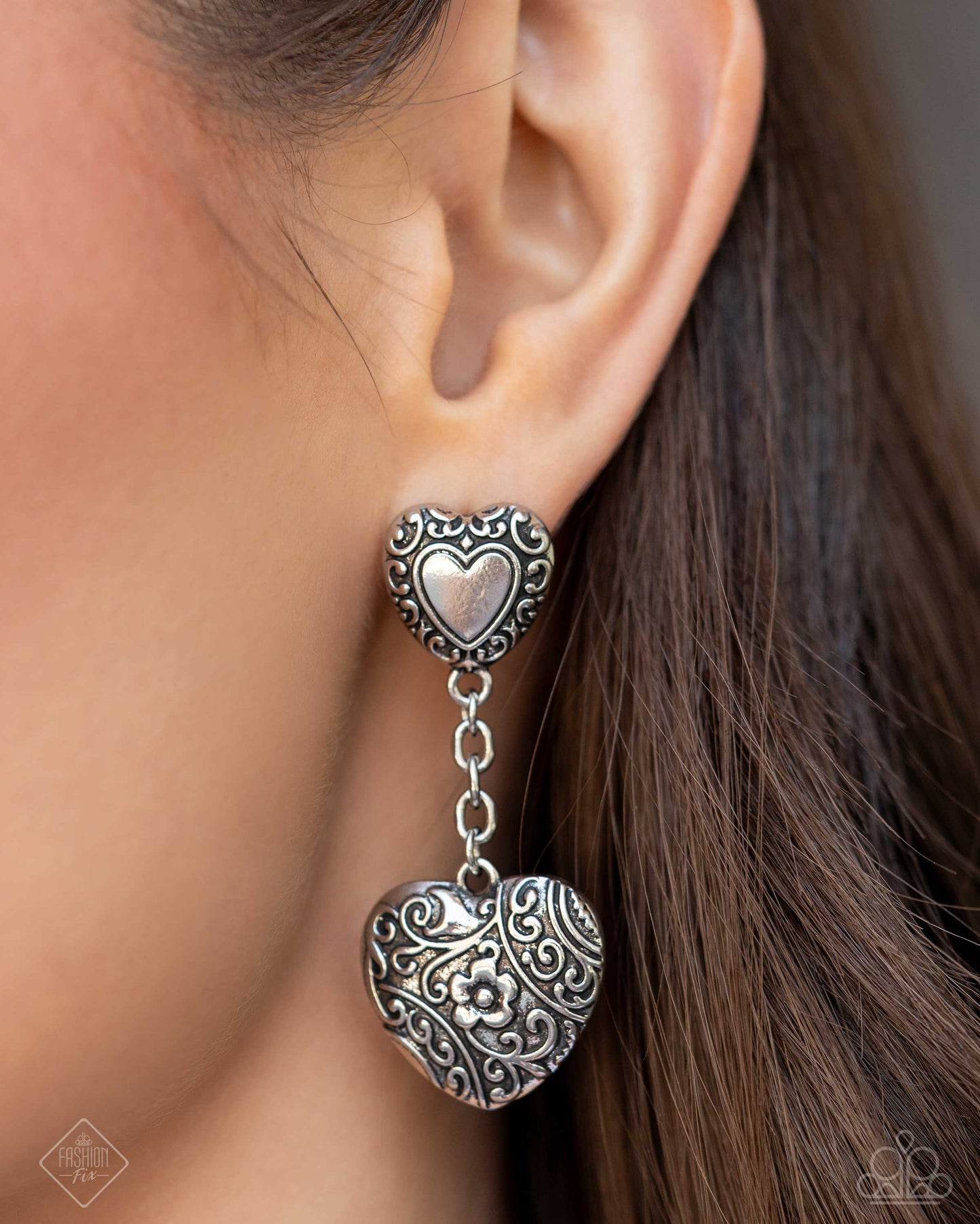 Rustic Reveal - Silver Heart Earring Glimpses of Malibu Fashion Fix August 2024 Paparazzi