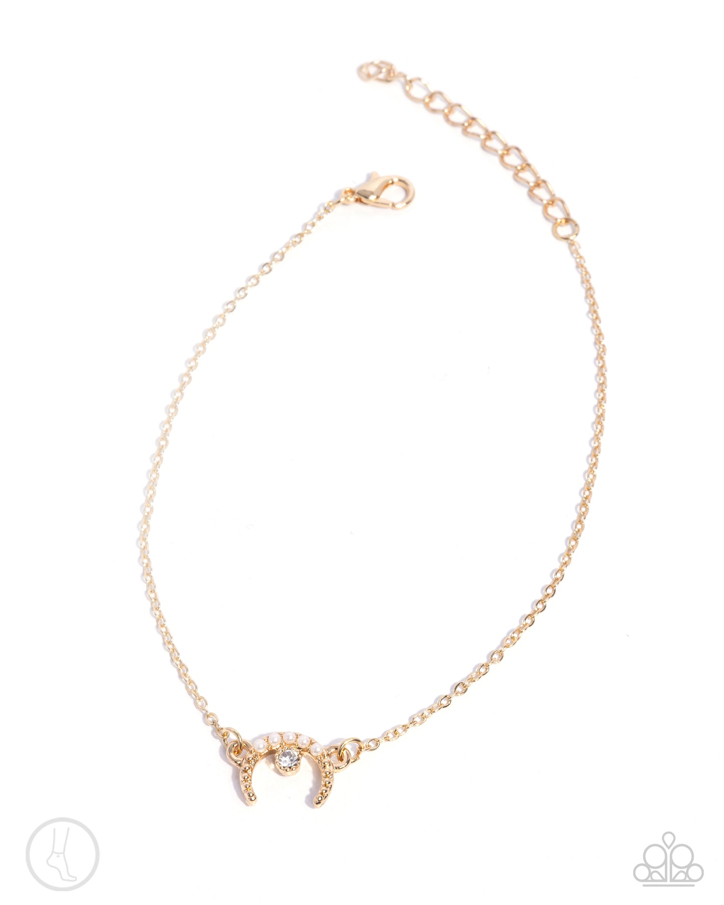 Got It Made - Gold Stud, White Pearl & Rhinestone Horseshoe Santa Fe Style Anklet Paparazzi