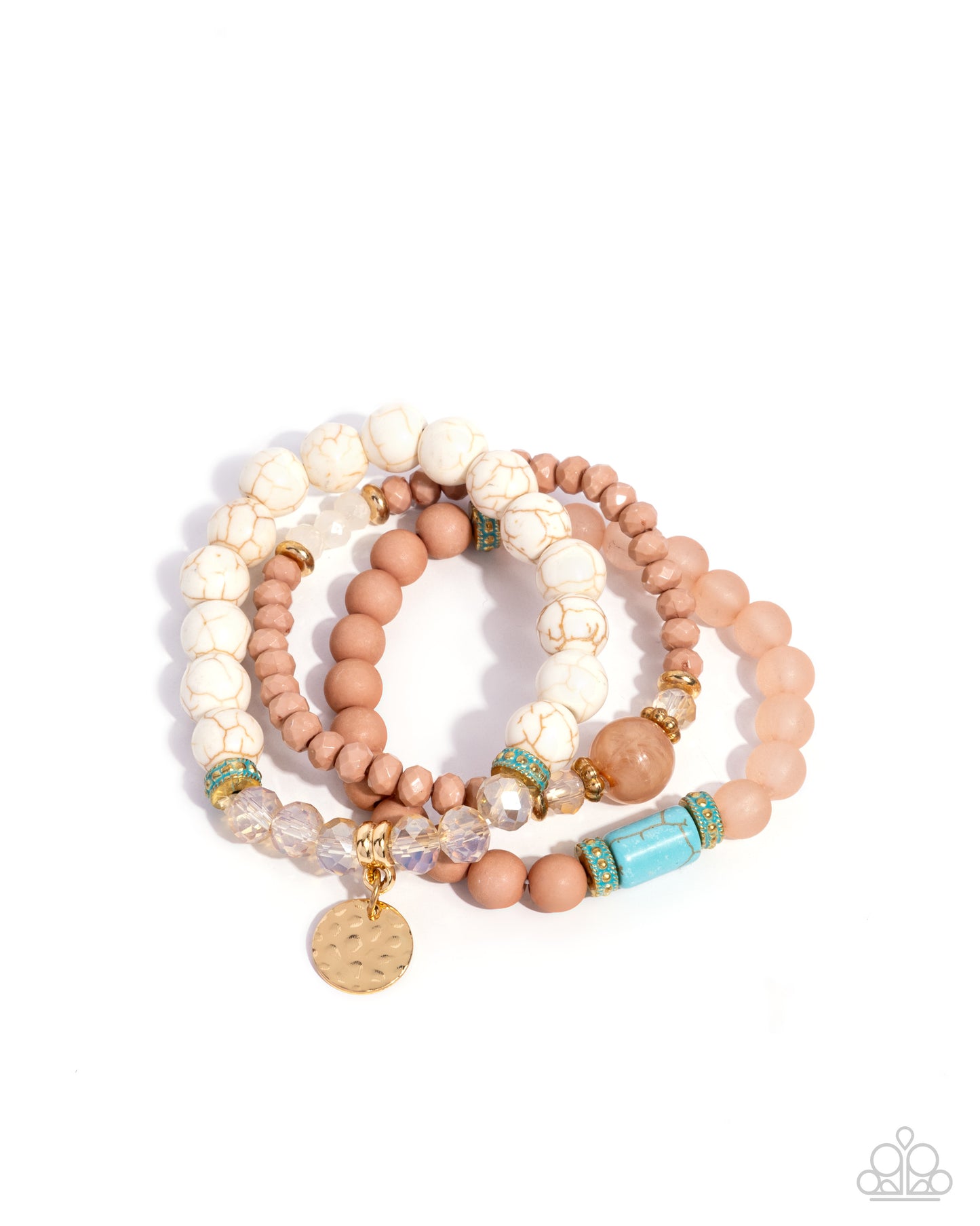 Sunset Sass - White Marbled Stone, Brush, Turquoise Stone, Light Brown Bead Set of 3 Stretch Bracelets Santa Fe Style Paparazzi