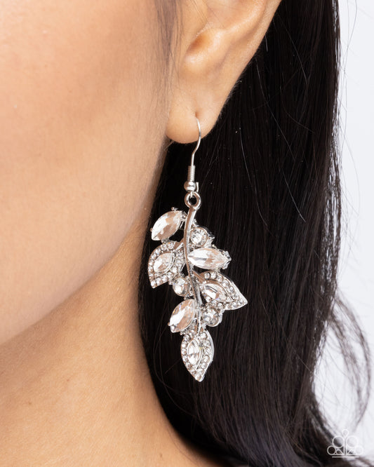 Flourishing Feature - White Marquise Gem Leaves & Rhinestone Earring Paparazzi E2342