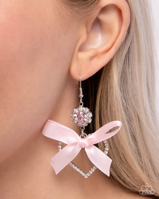 Kawaii Keepsake - Pink - Baby Pink Satin Ribbon Bow, Silver & White Rhinestone Heart Earring Paparazzi E2425