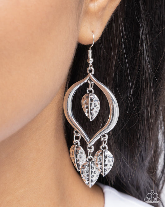 Leafy Landmark - Silver Leaf Hammered Earring Paparazzi E2355