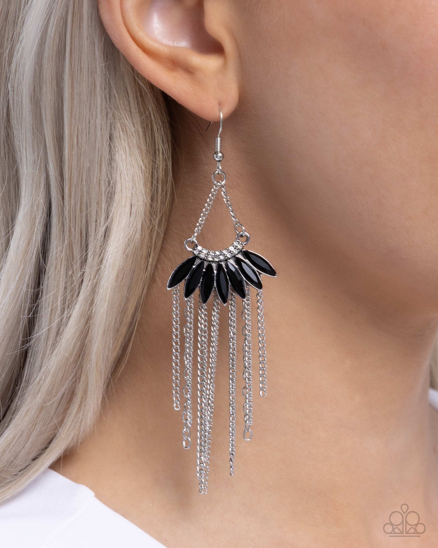 Fringe Feature - Black Marquise Gem & Silver Chain Fringe Earring Paparazzi E2517