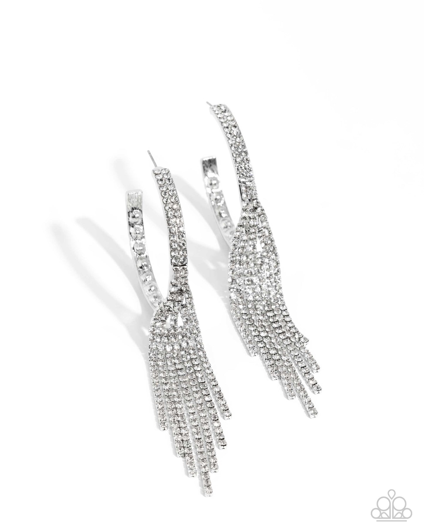 Jaw-Dropping Jubilee - White Rhinestone Fringe 2 1/2 Inch Hoop Earring Life Of The Party September 2024 Paparazzi