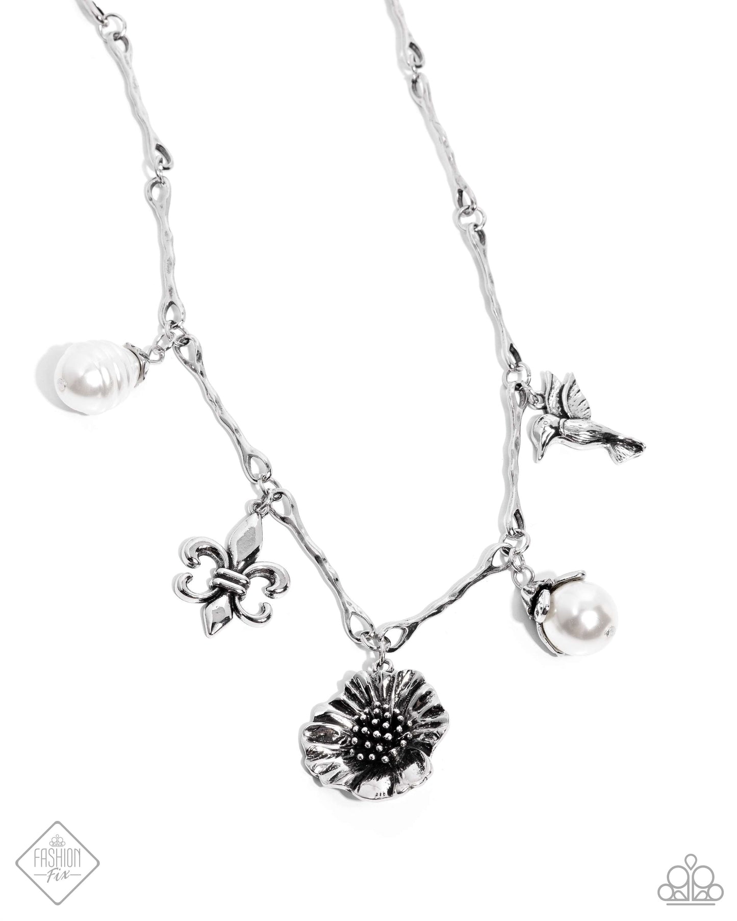 Vintage Vibe - White Pearl, Silver Hummingbird & Flower Charm Style Necklace Glimpses Of Malibu Fashion Fix September 2024 Paparazzi