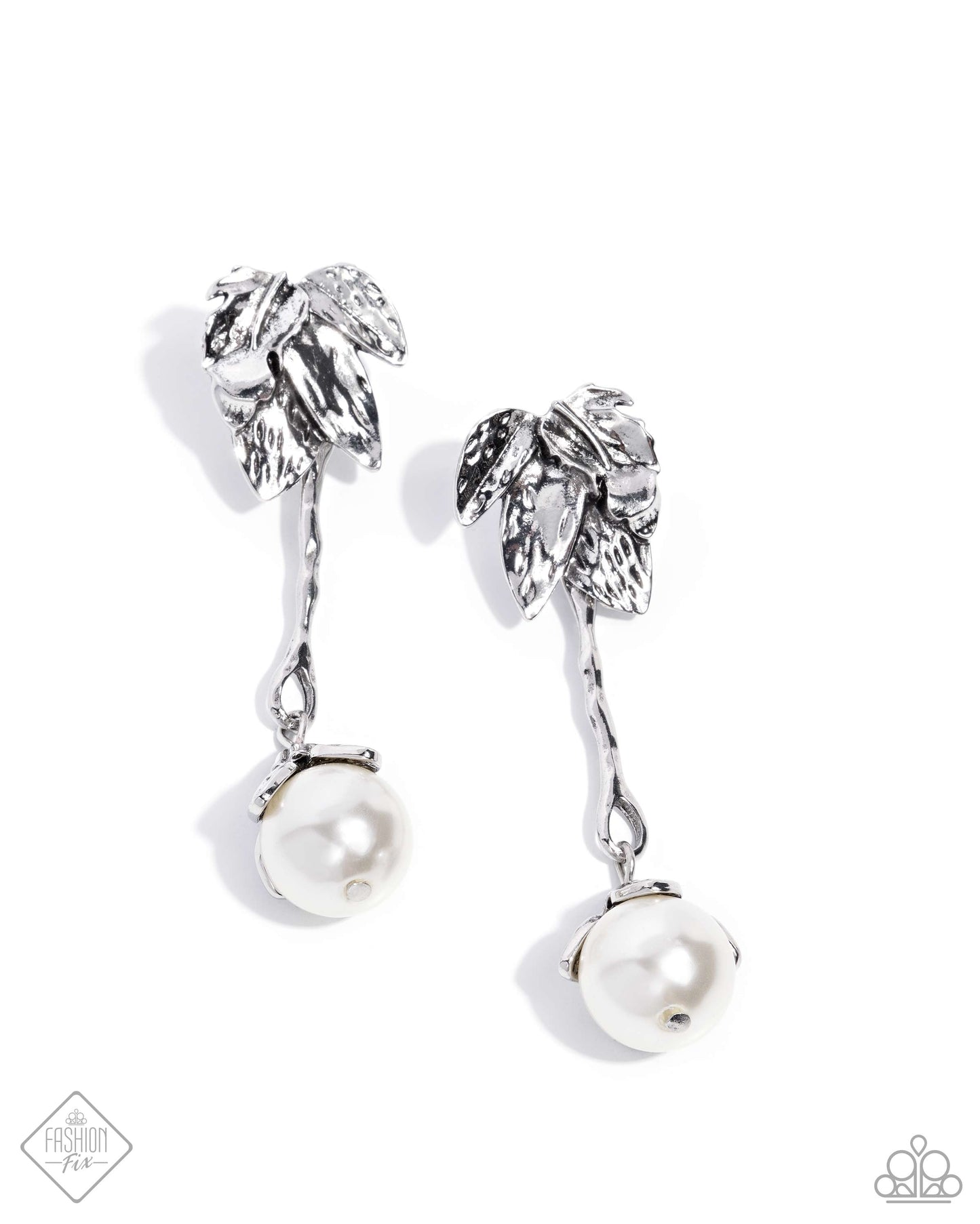 Nod to the Classics - White Pearl Silver Flower Petal Post Earring Glimpses Of Malibu Fashion Fix September 2024 Paparazzi