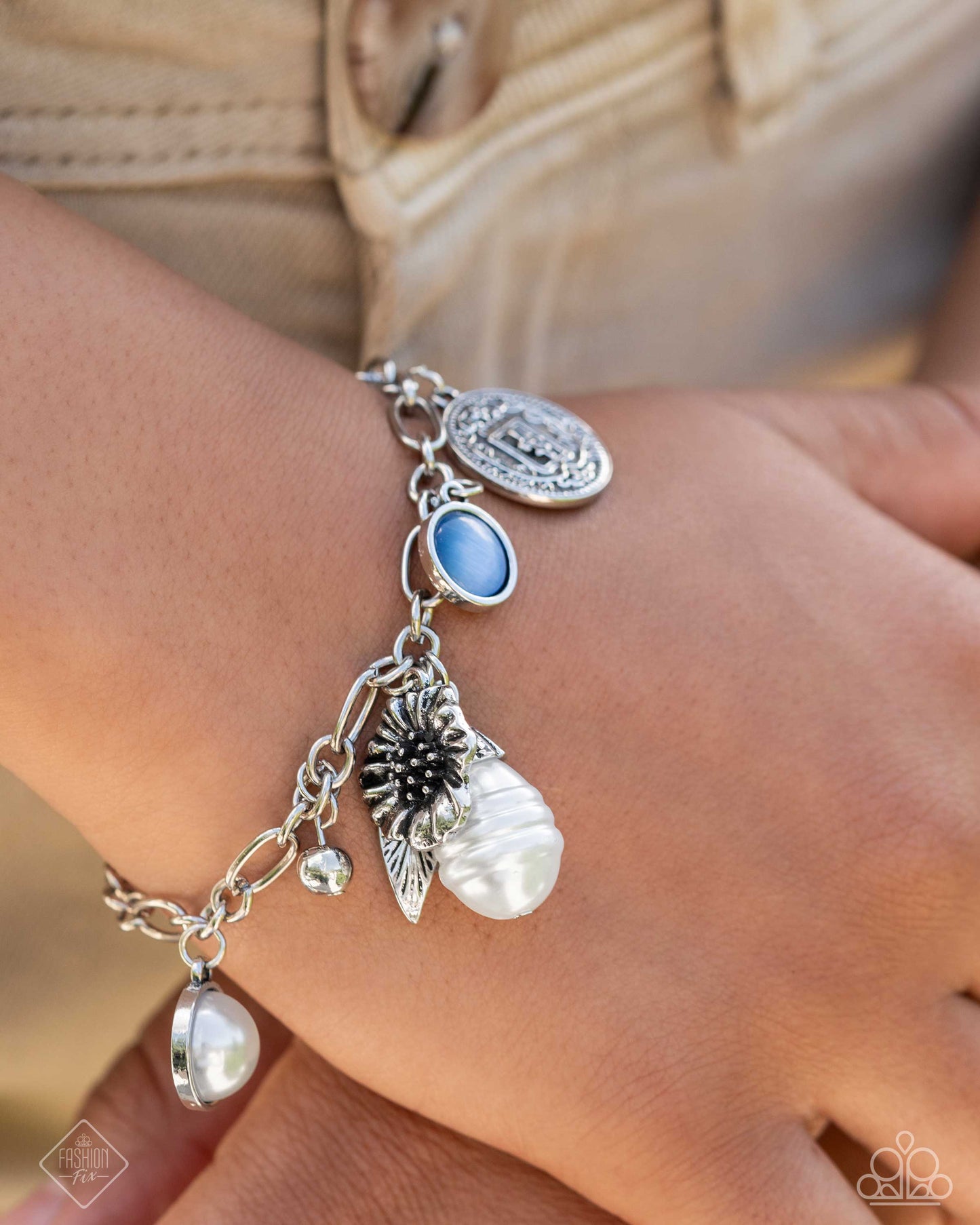 Enduring Energy - Blue Cat's Eye Stone, White Baroque Pearl Charm Bracelet Glimpses Of Malibu September Fashion Fix Paparazzi