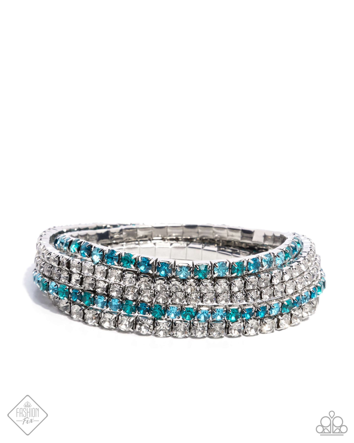 Feminine Fan - Blue Aquamarine, Zircon & White Gem Stretch Bracelet Set Of 5 5th Avenue Fashion Fix July 2024 Paparazzi