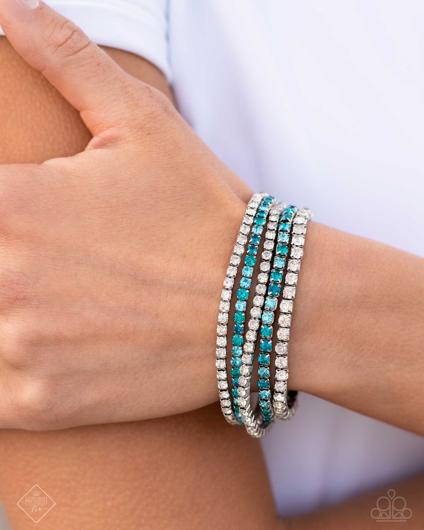 Feminine Fan - Blue Aquamarine, Zircon & White Gem Stretch Bracelet Set Of 5 5th Avenue Fashion Fix July 2024 Paparazzi