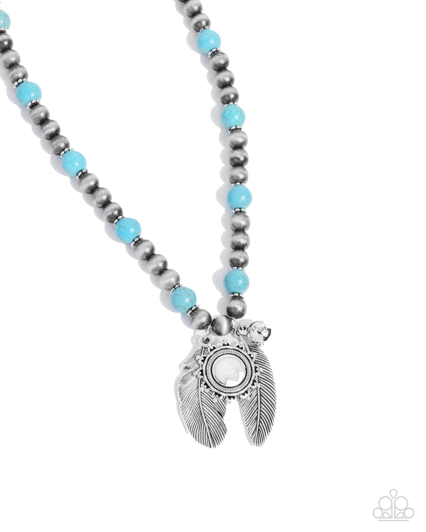 Steady Stones - Blue Turquoise, Silver & Navajo Pearl Bead Feather Santa Fe Style Necklace Paparazzi N2524