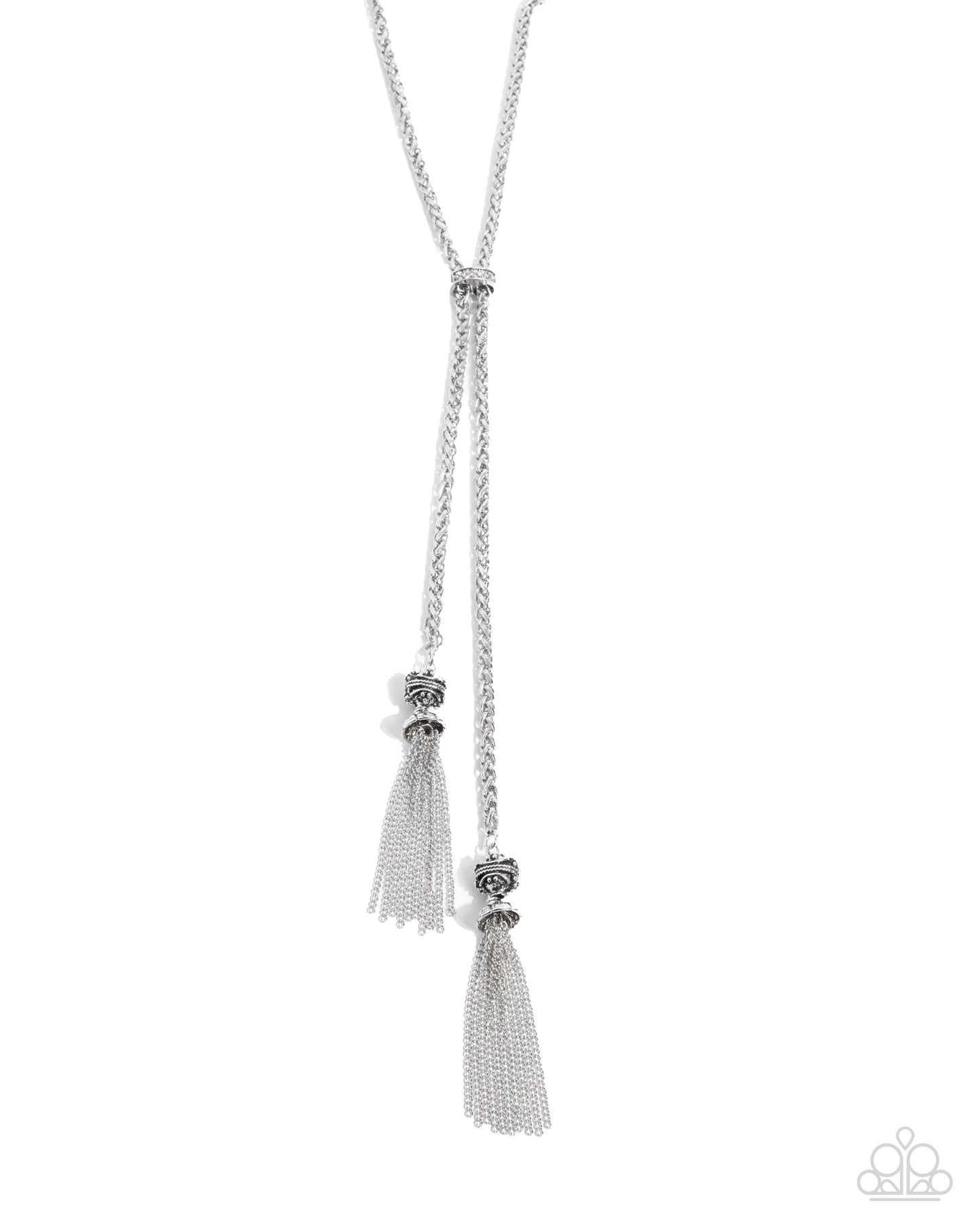 Tassel Transit - White Rhinestone Silver Chain Tassel Necklace Paparazzi N2496