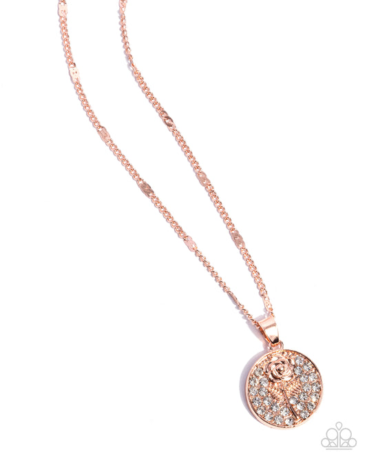 CUTIE and the Beast - Copper - Shiny Copper Rose & White Rhinestone Pendant Necklace Paparazzi N3228