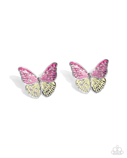 Aerial Appreciation - Pink Peacock & Yellow Painted Butterfly Post Earring Paparazzi E2850